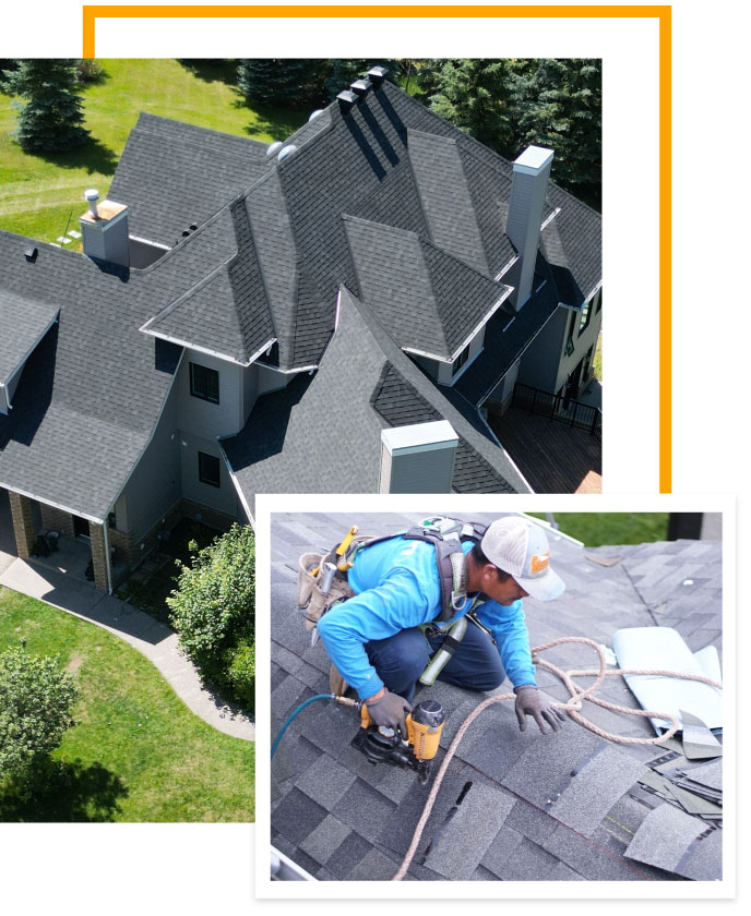 Aerial view luxury home new shingles with installer collage