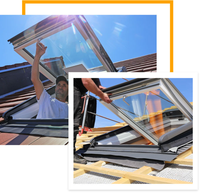 Roofers installing skylight